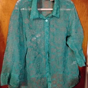 Teal Lace Button-Up Blouse